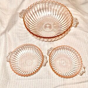 VintagePink Round Depression Glass Serving Berry Bowls Ribbed With Handles